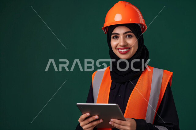 Remote project management via tablet, development of the engineering sector in the Kingdom, close-up portrait of a veiled Saudi Arabian Gulf female engineer wearing an orange safety vest and helmet looking at the camera with gestures of pleasure, Saudi women's professions and jobs, integrating technology and modern techniques into work