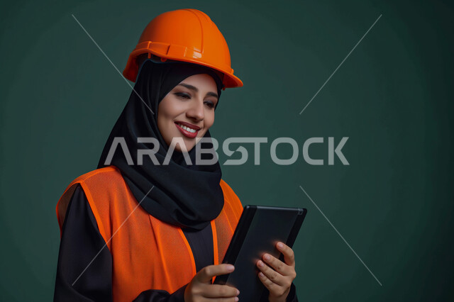 مهن ووظائف سعودية نسائية, تطور القطاع الهندسي في المملكة، بورتريه مقرب لمهندسة عربية خليجية سعودية محجبة ترتدي سترة الأمان البرتقالية والخوذة تقوم بإدارة المشاريع عن بعد عن طريق جهاز التابليت, دمج التكنولوجيا والتقنيات الحديثة بالعمل