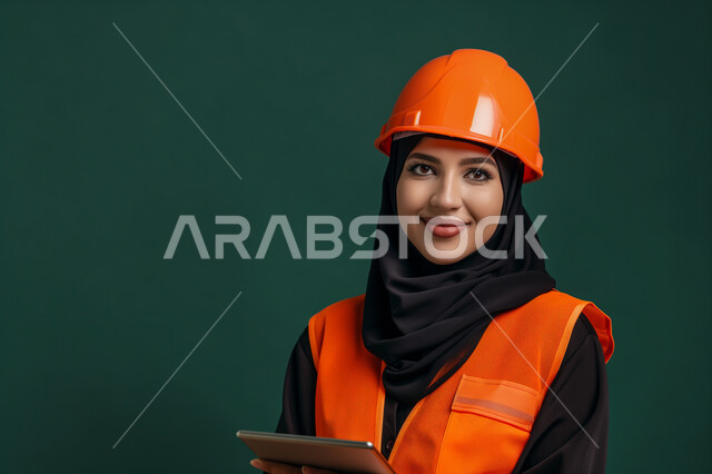 تطور القطاع الهندسي في المملكة، دمج التكنولوجيا والتقنيات الحديثة بالعمل, إدارة المشاريع عن بعد عن طريق جهاز التابليت, مهن ووظائف سعودية نسائية، بورتريه مقرب لمهندسة عربية خليجية سعودية محجبة ترتدي سترة الأمان البرتقالية والخوذة تنظر الى الكاميرا بايماءات السرور