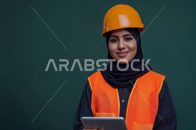 Integrating technology and modern techniques into work, development of the engineering sector in the Kingdom, remote project management via tablet, close-up portrait of a veiled Saudi Arabian Gulf female engineer wearing an orange safety vest and helmet looking at the camera with gestures of pleasure, Saudi women's jobs and professions