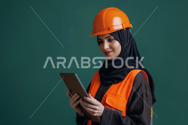 تطور القطاع الهندسي في المملكة العربية السعودية، مهن ووظائف سعودية نسائية, دمج التكنولوجيا والتقنيات الحديثة بالعمل, بورتريه مقرب لمهندسة عربية خليجية سعودية محجبة ترتدي سترة الأمان البرتقالية والخوذة تقوم بإدارة المشاريع عن بعد عن طريق جهاز التابليت