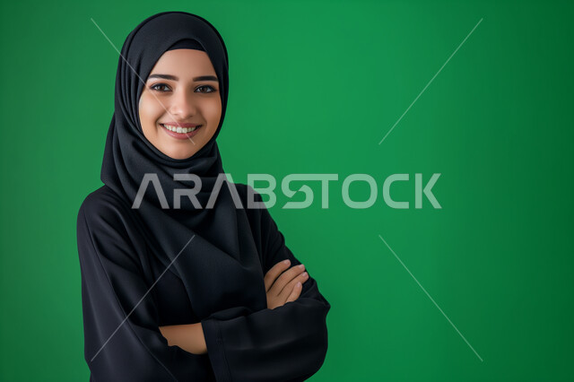 النظر إلى الكاميرا بتعابير السرور والثقة، التقاط صورة شخصية للوثائق الرسمية، مفهوم النعومة والأنوثة، الاهتمام بالأناقة والمظهر الخارجي، بورتريه مقرب لشابة عربية سعودية خليجية محجبة مبتسمة ترتدي عباءة سوداء تقف بأيدي متقاطعة، خلفية خضراء