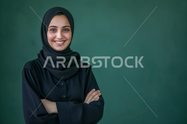 التقاط صورة شخصية للوثائق الرسمية، مفهوم النعومة والأنوثة، الاهتمام بالأناقة والمظهر الخارجي، بورتريه مقرب لشابة عربية سعودية خليجية محجبة مبتسمة ترتدي عباءة سوداء تقف بأيدي متقاطعة، النظر إلى الكاميرا بتعابير السرور والثقة، خلفية خضراء