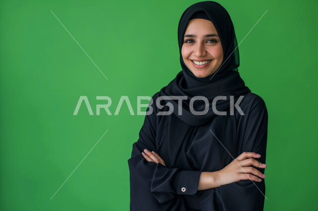 مفهوم النعومة والأنوثة، الاهتمام بالأناقة والمظهر الخارجي، بورتريه مقرب لشابة عربية سعودية خليجية محجبة مبتسمة ترتدي عباءة سوداء تقف بأيدي متقاطعة، التقاط صورة شخصية للوثائق الرسمية، النظر إلى الكاميرا بتعابير السرور والثقة، خلفية خضراء