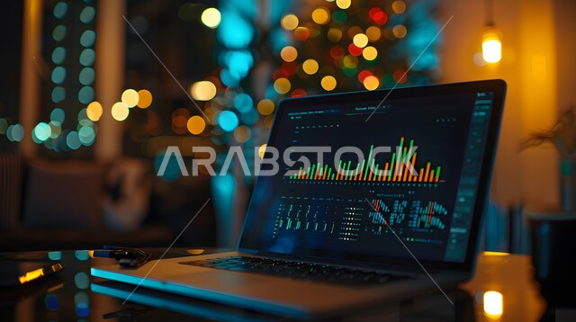  دمج التكنولوجيا المتطورة مع العمل، سوق البورصة العالمي، تداول العملة الرقمية، مفهوم التجارة والاقتصاد، رؤية سعودية مستقبلية 2030، ارتفاع و انخفاض الأسهم، مراقبة الرسوم والمخططات البيانيه من خلال جهاز الحاسوب المحمول