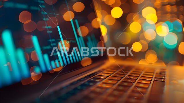  تداول العملة الرقمية، مفهوم التجارة والاقتصاد، رؤية سعودية مستقبلية 2030، ارتفاع و انخفاض الأسهم، مراقبة الرسوم والمخططات البيانيه من خلال جهاز الحاسوب المحمول، دمج التكنولوجيا المتطورة مع العمل، سوق البورصة العالمي