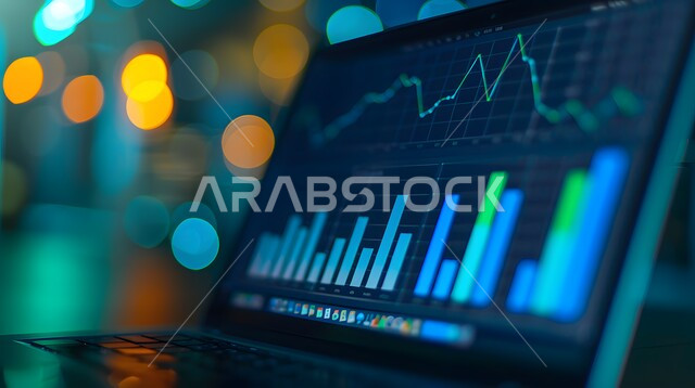  مراقبة الرسوم والمخططات البيانيه من خلال جهاز الحاسوب المحمول، دمج التكنولوجيا المتطورة مع العمل، سوق البورصة العالمي، تداول العملة الرقمية، مفهوم التجارة والاقتصاد، رؤية سعودية مستقبلية 2030، ارتفاع و انخفاض الأسهم