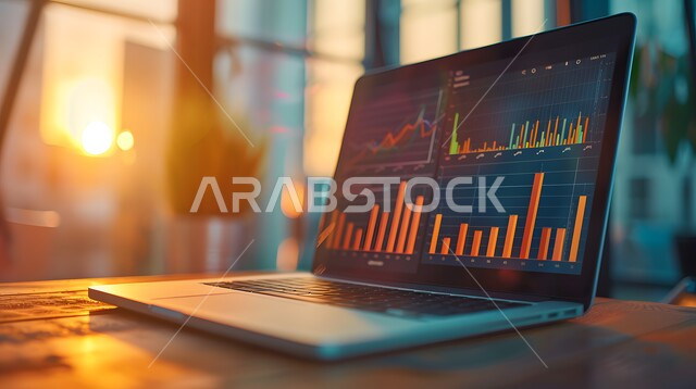 Integrating advanced technology with business, global stock market, digital currency trading, concept of trade and economy, Saudi Vision 2030, rise and fall of stocks, monitoring charts and graphs through laptop