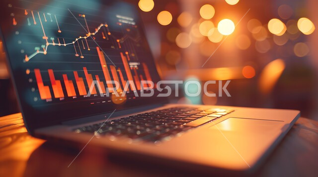 تداول العملة الرقمية، مفهوم التجارة والاقتصاد، رؤية سعودية مستقبلية 2030، ارتفاع و انخفاض الأسهم، مراقبة الرسوم والمخططات البيانيه من خلال جهاز الحاسوب المحمول، دمج التكنولوجيا المتطورة مع العمل، سوق البورصة العالمي