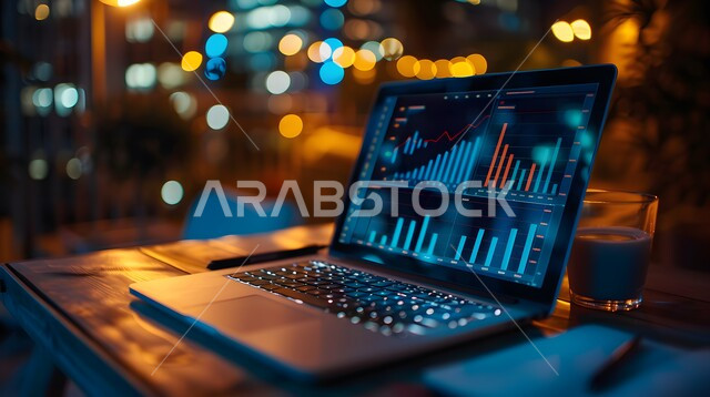 مفهوم التجارة والاقتصاد، رؤية سعودية مستقبلية 2030، ارتفاع و انخفاض الأسهم، مراقبة الرسوم والمخططات البيانيه من خلال جهاز الحاسوب المحمول، دمج التكنولوجيا المتطورة مع العمل، سوق البورصة العالمي، تداول العملة الرقمية