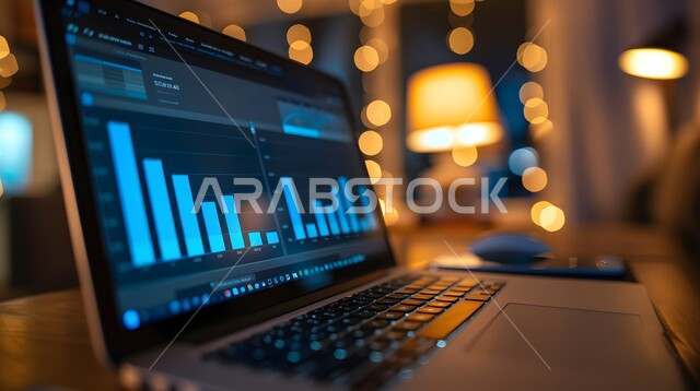 انخفاض وارتفاع الأسهم، مراقبة الرسوم والمخططات البيانيه من خلال جهاز الحاسوب المحمول، دمج التكنولوجيا المتطورة مع العمل، سوق البورصة العالمي، تداول العملة الرقمية، رؤية سعودية مستقبلية 2030، مفهوم التجارة والاقتصاد