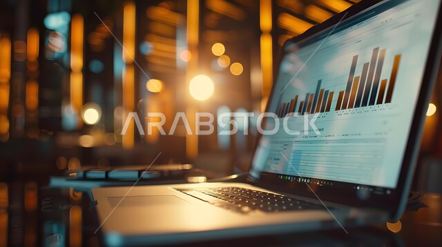ارتفاع وانخفاض الأسهم، مراقبة الرسوم والمخططات البيانيه من خلال جهاز الحاسوب المحمول، دمج التكنولوجيا المتطورة مع العمل، سوق البورصة العالمي، تداول العملة الرقمية، رؤية سعودية مستقبلية 2030، مفهوم التجارة والاقتصاد