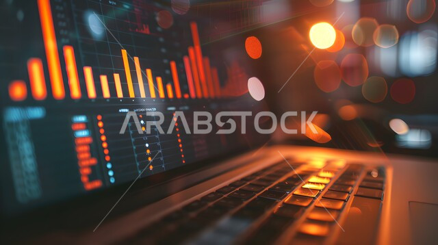 مراقبة الرسوم والمخططات البيانيه من خلال جهاز الحاسوب المحمول، دمج التكنولوجيا المتطورة مع العمل، سوق البورصة العالمي، تداول العملة الرقمية، ارتفاع وانخفاض الأسهم، رؤية سعودية مستقبلية 2030، مفهوم التجارة والاقتصاد