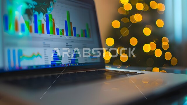 Cryptocurrency trading, global stock market, integrating advanced technology with work, monitoring charts and graphs through a laptop, monitoring the rise and fall of stocks, Saudi Vision 2030, the concept of trade and economy