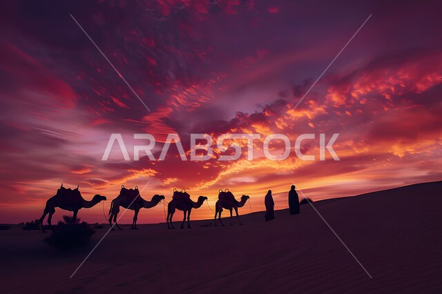 رعاية وتربية الحيوانات الثدية، التنقل في صحارى المملكة العربية السعودية باستخدام الإبل، الرمال الذهبية الناعمة الناعمة في الأماكن الصحراوية، صورة ظلية لمجموعة من الجمال تسير فوق الكثبان الرملية في الصحراء في وقت الغروب، سيلويت