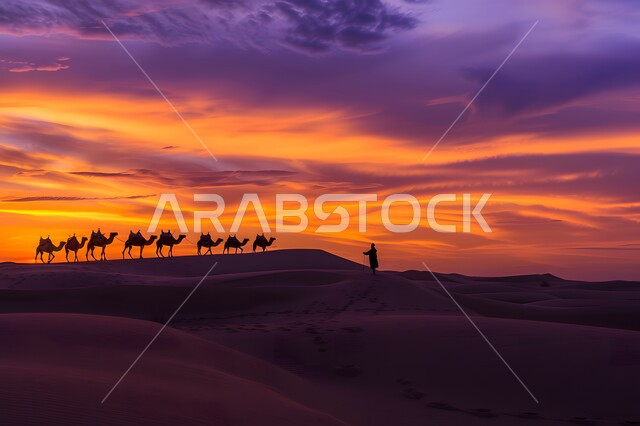 التنقل في صحارى المملكة العربية السعودية باستخدام الإبل، الإهتمام في تربية ورعاية الحيوانات الثدية، الرمال الذهبية الناعمة الناعمة في الأماكن الصحراوية، صورة ظلية لمجموعة من الجمال تسير فوق الكثبان الرملية في الصحراء في وقت الغروب، سيلويت