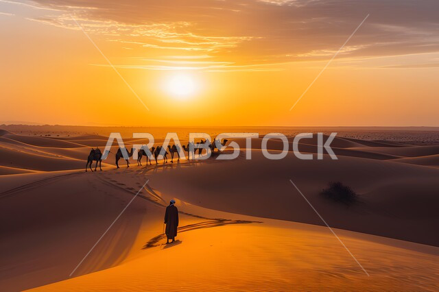 الرمال الذهبية الناعمة الناعمة في الأماكن الصحراوية، الإهتمام في تربية ورعاية الحيوانات الثدية، استخدام الإبل في التنقل في صحارى المملكة العربية السعودية، صورة ظلية لمجموعة من الجمال تسير فوق الكثبان الرملية في الصحراء في وقت الغروب، سيلويت