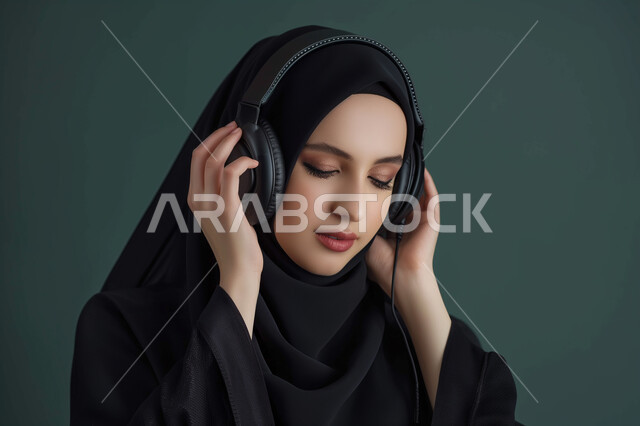 مفهوم الإصغاء والإستماع، استخدام الأجهزة التقنية الحديثة وتقنيات الهيدفون، بورتريه مقرب لإمرأة عربية سعودية خليجية محجبة ترتدي عباءة سوداء تضع سماعة الرأس الصوتية، ايماءات السعادة والاندماج، الاستمتاع بالأغاني والموسيقى في أوقات الفراغ