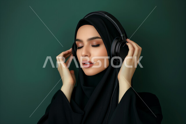 الاستماع الى الأغاني والموسيقى في أوقات الفراغ، ايماءات السعادة والاندماج، استخدام الأجهزة التقنية الحديثة، بورتريه مقرب لإمرأة عربية سعودية خليجية محجبة ترتدي عباءة سوداء تضع سماعة الرأس الصوتية، إستخدام تقنيات الهيدفون