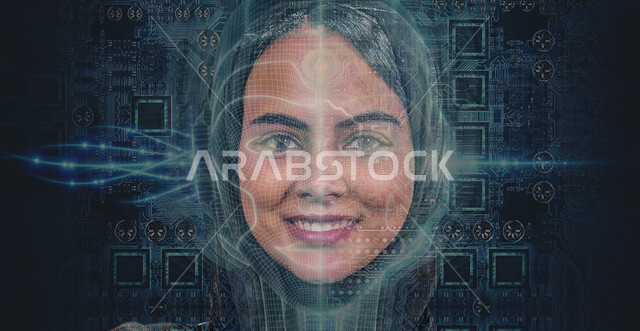 صورة مقربة لوجه سيدة عربية خليجية سعودية مبتسمة محاطة بأمواج رقمية و شبكية بتقنية الهولوجرام ، تحديد الوجه بشعاع ليزر باستخدام تقنية الهولوجرام ثلاثية الأبعاد .