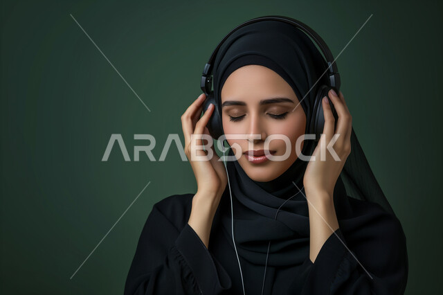 ايماءات السعادة والاندماج، استخدام الأجهزة التقنية الحديثة، الاستماع الى الأغاني والموسيقى في أوقات الفراغ، إستخدام تقنيات الهيدفون، بورتريه مقرب لإمرأة عربية سعودية خليجية محجبة ترتدي عباءة سوداء تضع سماعة الرأس الصوتية