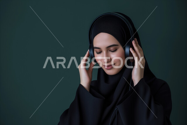 استخدام الأجهزة التقنية الحديثة، بورتريه مقرب لإمرأة عربية سعودية خليجية محجبة ترتدي عباءة سوداء تضع سماعة الرأس الصوتية، ايماءات السعادة والاندماج، الاستماع الى الأغاني والموسيقى في أوقات الفراغ، إستخدام تقنيات الهيدفون