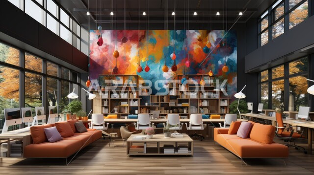Office furniture in a different and harmonious color, study tables and desks with external decorations and designs, modern and sophisticated design, cultural places and wooden halls in the Kingdom of Saudi Arabia.