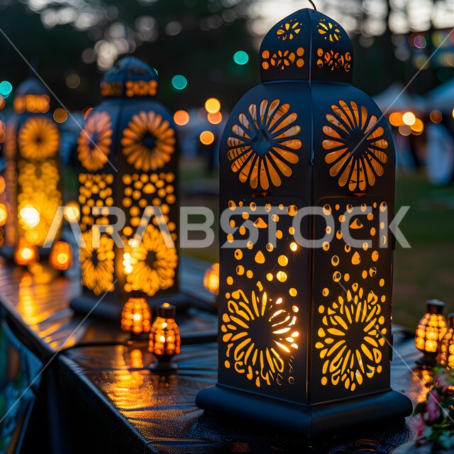 الاحتفال بالمناسبات والأعياد الدينية, صورة مقربة لمجموعة من الفوانيس المعدنية المزخرفة المضيئة, البهجة بقدوم شهر الخير، أجواء رمضانية روحانية، تحف تقليدية على الطراز الإسلامي في رمضان المبارك