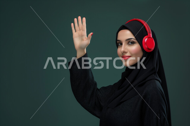 الاستمتاع بالموسيقى في أوقات الفراغ , ايماءات وجه ويدين تدل على السعادة والاندماج، مفهوم الإصغاء والإستماع، بورتريه مقرب لإمرأة عربية سعودية خليجية محجبة ترتدي عباءة سوداء تضع على رأسها سماعة الهيدفون وتنظرالى الكاميرا، استخدام سماعات الرأس والتقنيات المتطورة