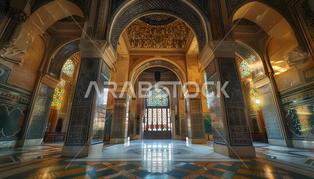 الأصالة والذوق الرفيع في هندسة الديكور، ديكورات مصنوعة من الجبس الملون بالذهبي، زخارف جبسية ذهبية على أبواب ونوافذ الفلل والقصور الملكية، قصر عربي فخم مزين ببلاط فسيفسائي معقد، التصاميم الداخلية الكلاسيكية الفخمة والراقية في المملكة العربية السعودية