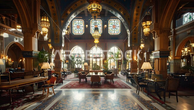 الذوق الرفيع والأصالة في هندسة الديكور، ديكورات مصنوعة من الجبس الملون بالذهبي، زخارف جبسية ذهبية على أبواب ونوافذ الفلل والقصور الملكية، قصر عربي فخم مزين ببلاط فسيفسائي معقد، التصاميم الداخلية الكلاسيكية الفخمة والراقية في المملكة العربية السعودية