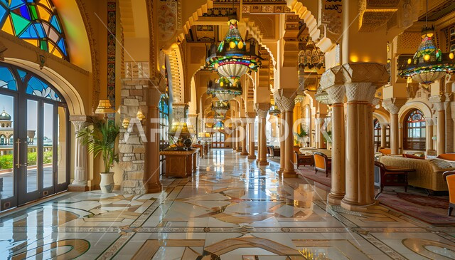 ديكورات مصنوعة من الجبس الملون بالذهبي، زخارف جبسية ذهبية على أبواب ونوافذ الفلل والقصور الملكية، قصر عربي فخم مزين ببلاط فسيفسائي معقد، التصاميم الداخلية الكلاسيكية الفخمة والراقية في المملكة العربية السعودية، الذوق الرفيع والأصالة في هندسة الديكور