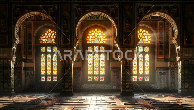 Golden gypsum decorations on doors and windows of villas and royal palaces, a luxurious Arabian palace decorated with intricate mosaic tiles, luxurious and elegant classic interior designs in Saudi Arabia, high taste and originality in interior design, decorations made of golden colored gypsum