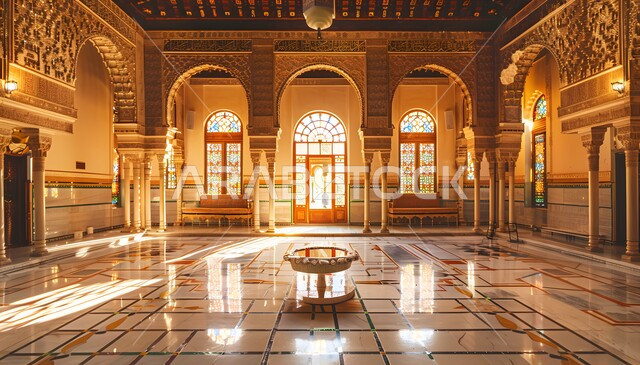 التصاميم الداخلية الكلاسيكية الفخمة والراقية في المملكة العربية السعودية، الذوق الرفيع والأصالة في هندسة الديكور، قصر عربي فخم مزين ببلاط فسيفسائي معقد، زخارف جبسية ذهبية على أبواب ونوافذ الفلل والقصور الملكية، ديكورات مصنوعة من الجبس الملون بالذهبي