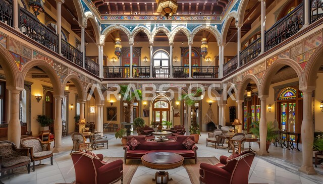 الذوق الرفيع والأصالة في هندسة الديكور، التصاميم الداخلية الكلاسيكية الفخمة والراقية في المملكة العربية السعودية، قصر عربي فخم مزين ببلاط فسيفسائي معقد، زخارف جبسية ذهبية على أبواب ونوافذ الفلل والقصور الملكية، ديكورات مصنوعة من الجبس الملون بالذهبي