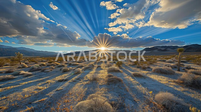 المناطق الصحراوية وقت غروب الشمس ، الكثبان الرملية في المملكة،  صحراء شبه الجزيرة العربية ، الرمال الذهبية الناعمة، منظر الغيوم في السماء وقت الغروب