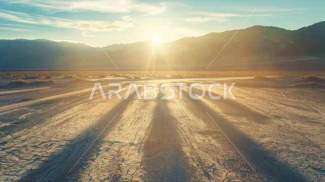 Desert areas at sunset, sand dunes in the Kingdom, desert of the Arabian Peninsula, soft golden sand, view of clouds in the sky at sunset