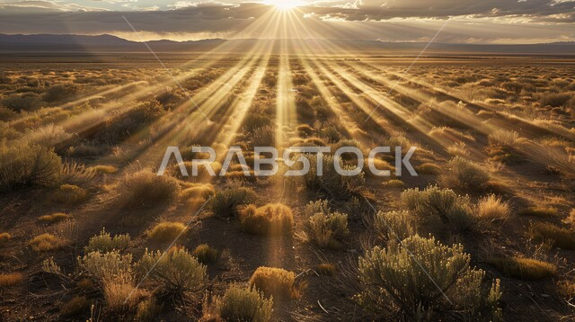 المناطق الصحراوية وقت غروب الشمس ، الكثبان الرملية في المملكة،  صحراء شبه الجزيرة العربية ، الرمال الذهبية الناعمة، منظر الغيوم في السماء وقت الغروب