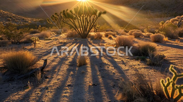 المناطق الصحراوية وقت غروب الشمس ، الكثبان الرملية في المملكة،  صحراء شبه الجزيرة العربية ، الرمال الذهبية الناعمة، منظر الغيوم في السماء وقت الغروب