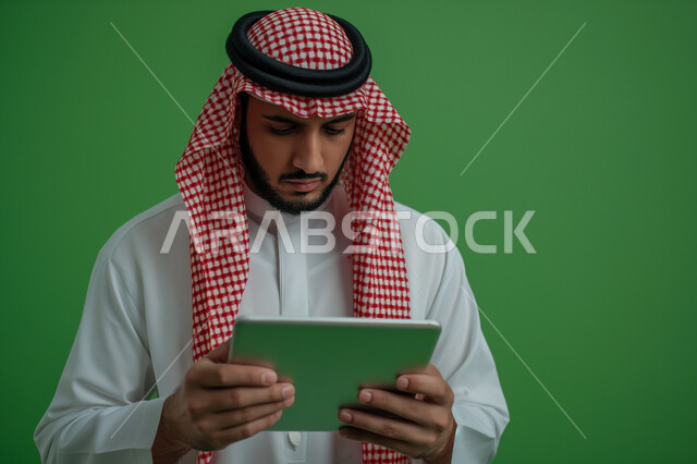  دمج الأجهزة والتقنيات الحديثة بالأعمال, بورتريه مقرب لرجل أعمال عربي سعودي خليجي يرتدي الزي التقليدي والشماغ  يحمل بيده جهاز التابليت، مهن ووظائف سعودية، ايماءات وتعابير التركيز والاندماج، إجراء مقابلات عمل أونلاين, خلفية خضراء