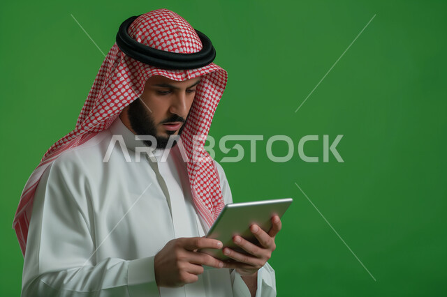  ايماءات وتعابير التركيز والاندماج، إجراء مقابلات عمل أونلاين, استخدام الأجهزة والتقنيات الحديثة لتسهيل الأعمال, بورتريه مقرب لرجل أعمال عربي سعودي خليجي يرتدي الزي التقليدي والشماغ  يحمل بيده جهاز التابليت، مهن ووظائف سعودية، خلفية خضراء