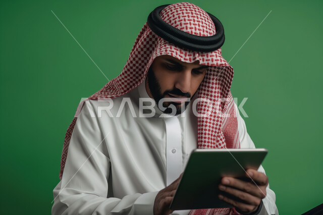 مهن ووظائف سعودية، إجراء مقابلات عمل أونلاين, استخدام الأجهزة والتقنيات الحديثة لتسهيل الأعمال, ايماءات وتعابير التركيز والاندماج، بورتريه مقرب لرجل أعمال عربي سعودي خليجي يرتدي الزي التقليدي والشماغ  يحمل بيده جهاز التابليت، خلفية خضراء