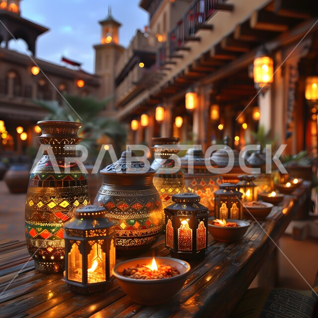 الاحتفال بالمناسبات والأعياد الدينية, زينة رمضان المبارك، صورة مقربة لمجموعة من التحف التقليدية والفوانيس المعدنية المزخرفة المضيئة, البهجة بقدوم شهر الخير، الأجواء الرمضانية الروحانية