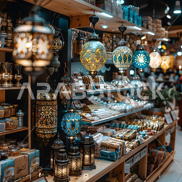 التحف التقليدية والفوانيس المعدنية المزخرفة على الطراز الاسلامي، أسواق شعبية تراثية، الاحتفال بالمناسبات والأعياد الدينية, زينة رمضان المبارك, البهجة بقدوم شهر الخير، الأجواء الرمضانية الروحانية