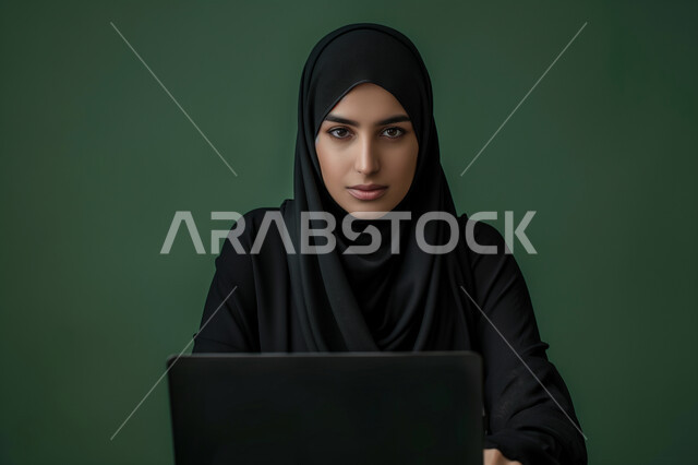 النظر الى الكاميرا بايماءات الجدية والاندماج, مهن و ووظائف نسائية في السعودية، إنجاز مهام العمل عن بعد، بورتريه مقرب لإمرأة عربية سعودية خليجي محجبة تجلس على مكتب أمام الحاسوب المحمول، استخدام الأجهزة والتقنيات الحديثة، إجراء مقابلات عمل أونلاين، خلفية خضراء