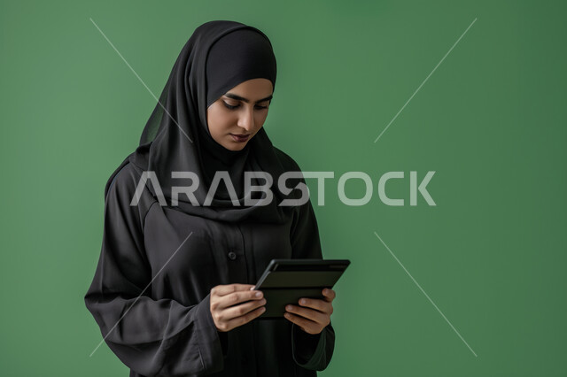 Browsing websites, concept of completing tasks remotely, online shopping, follow-up and management of administrative work, expressions of integration and focus, use of modern devices and technologies, close-up portrait of a veiled Saudi Arabian Gulf young woman holding a tablet in her hand, green background