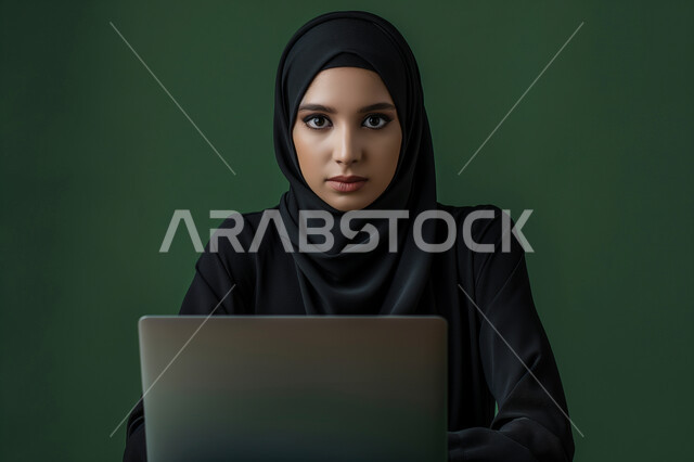 مهن و ووظائف نسائية في السعودية، إنجاز مهام العمل عن بعد، بورتريه مقرب لإمرأة عربية سعودية خليجي محجبة تجلس على مكتب أمام الحاسوب المحمول، النظر الى الكاميرا بايماءات الجدية والاندماج, استخدام الأجهزة والتقنيات الحديثة، إجراء مقابلات عمل أونلاين، خلفية خضراء