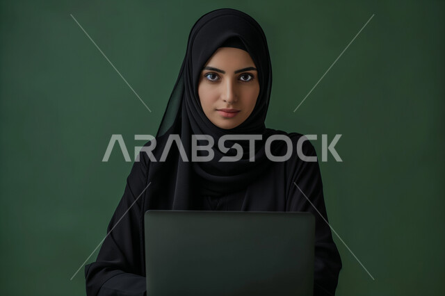 إنجازمهام العمل عن بعد، بورتريه مقرب لإمرأة عربية سعودية خليجي محجبة تجلس على مكتب أمام الحاسوب المحمول، مهن و ووظائف نسائية في السعودية، النظر الى الكاميرا بايماءات الجدية والاندماج، إجراء مقابلات عمل أونلاين, استخدام الأجهزة والتقنيات الحديثة، خلفية خضراء
