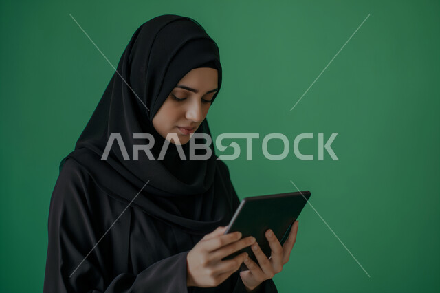 متابعة وإدارة الأعمال الادارية, تعابير الاندماج والتركيز, استخدام الأجهزة والتقنيات الحديثة, تصفح المواقع الالكترونية, مفهوم إنجاز المهام عن بعد, بورتريه مقرب لشابة عربية خليجية سعودية محجبة تمسك بيدها جهاز التابليت, التسوق الالكتروني عبر الأونلاين، خلفية خضراء