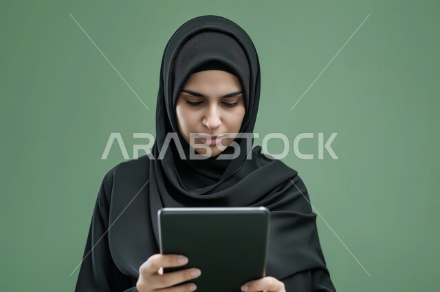 مفهوم إنجاز المهام عن بعد, استخدام الأجهزة والتقنيات الحديثة, بورتريه مقرب لشابة عربية خليجية سعودية محجبة تمسك بيدها جهاز التابليت, التسوق الالكتروني عبر الأونلاين, متابعة وإدارة الأعمال الادارية, تصفح المواقع الالكترونية, تعابير الاندماج والتركيز، خلفية خضراء
